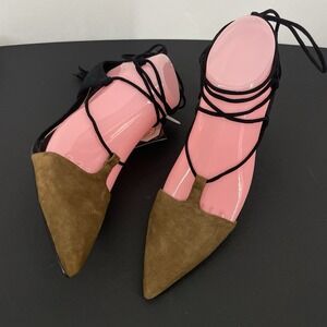 Zara Size 7 Suede Leather Lace Up Low Kitten Heels Brown Black NEW Pointed Toe